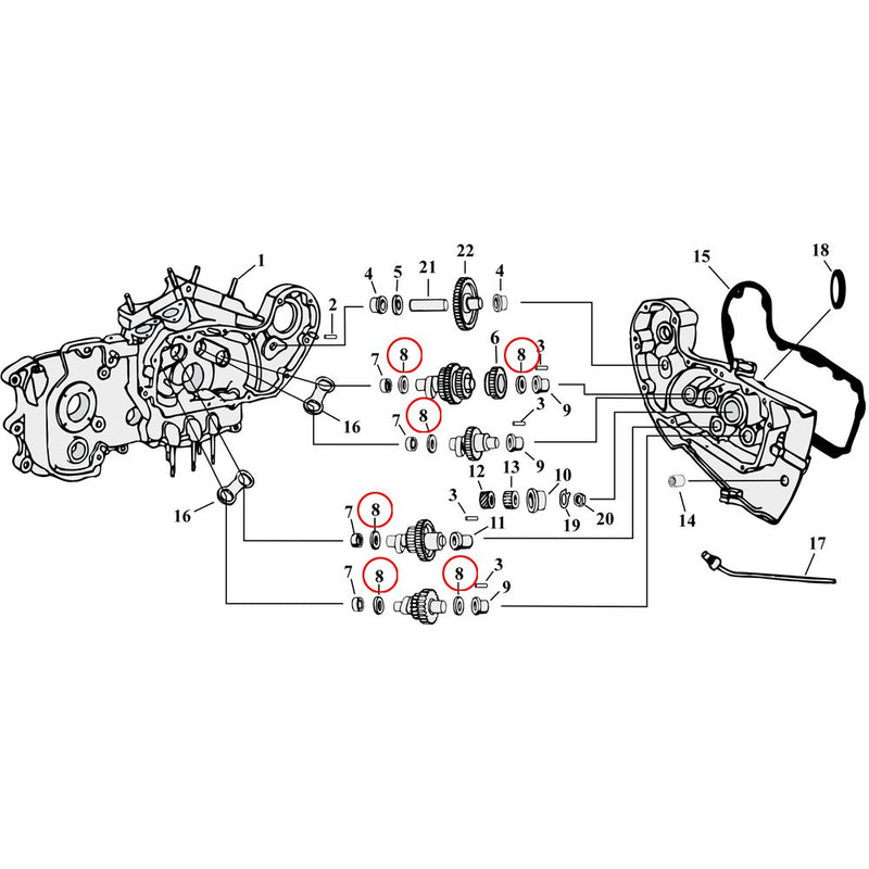 Diagram over dele til knastdrev/dæksel Eksploderet visning til 54-90 Harley Sportster