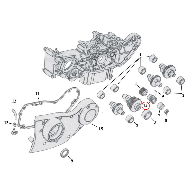 Cam Drive / Cover Parts Diagram Exploded View for 91-22 Harley Sportster 14) 00-22 XL & XR1200. Pinion gear.