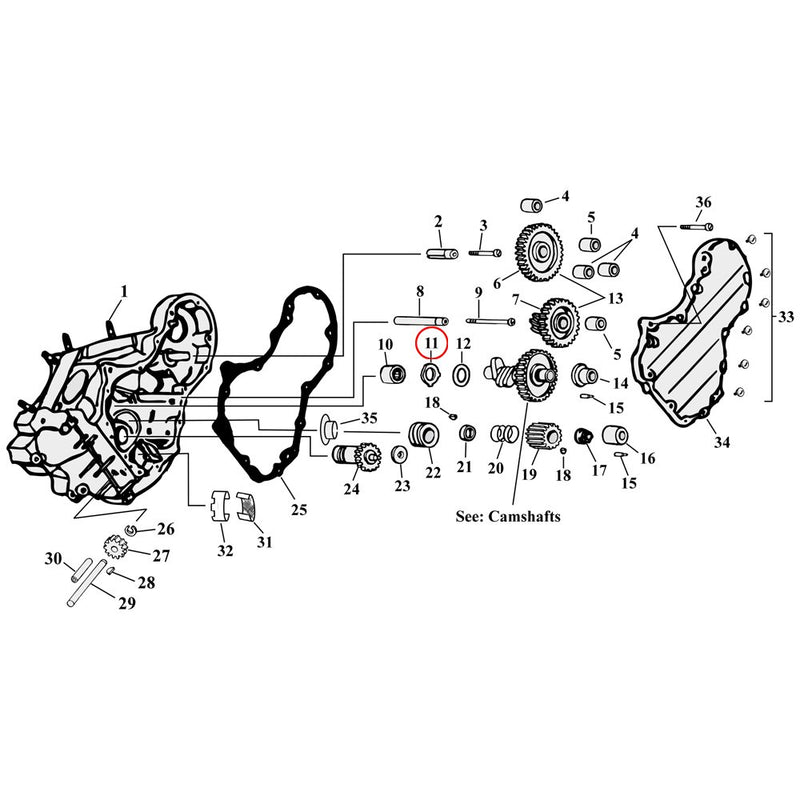 Cam Drive / Cover Parts Diagram Exploded View for Harley Knuckle / Pan / Shovel 11) 58-99 Big Twin. S&S locked thrustwasher, camshaft. Replaces OEM: 25550-57A