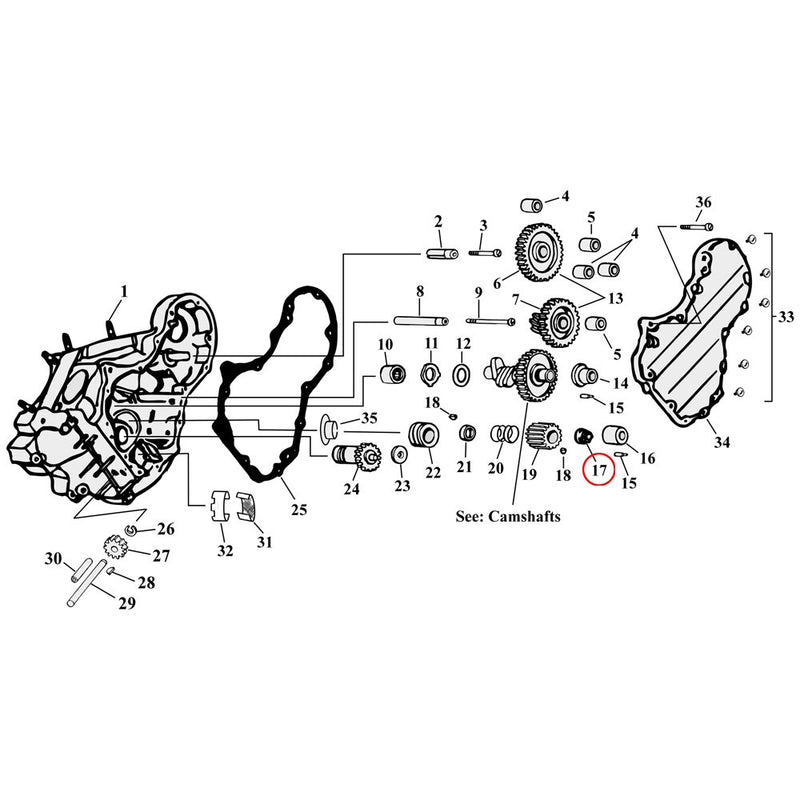 Cam Drive / Cover Parts Diagram Exploded View for Harley Knuckle / Pan / Shovel 17) 54-89 Big Twin. Nut, pinion shaft. Replaces OEM: 24023-54