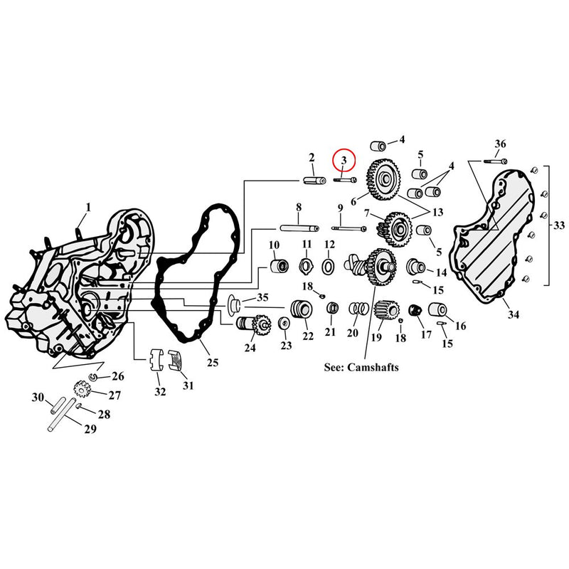 Cam Drive / Cover Parts Diagram Exploded View for Harley Knuckle / Pan / Shovel 3) 36-69 Big Twin. Bolt, idler gear stud. Replaces OEM: 25794-36