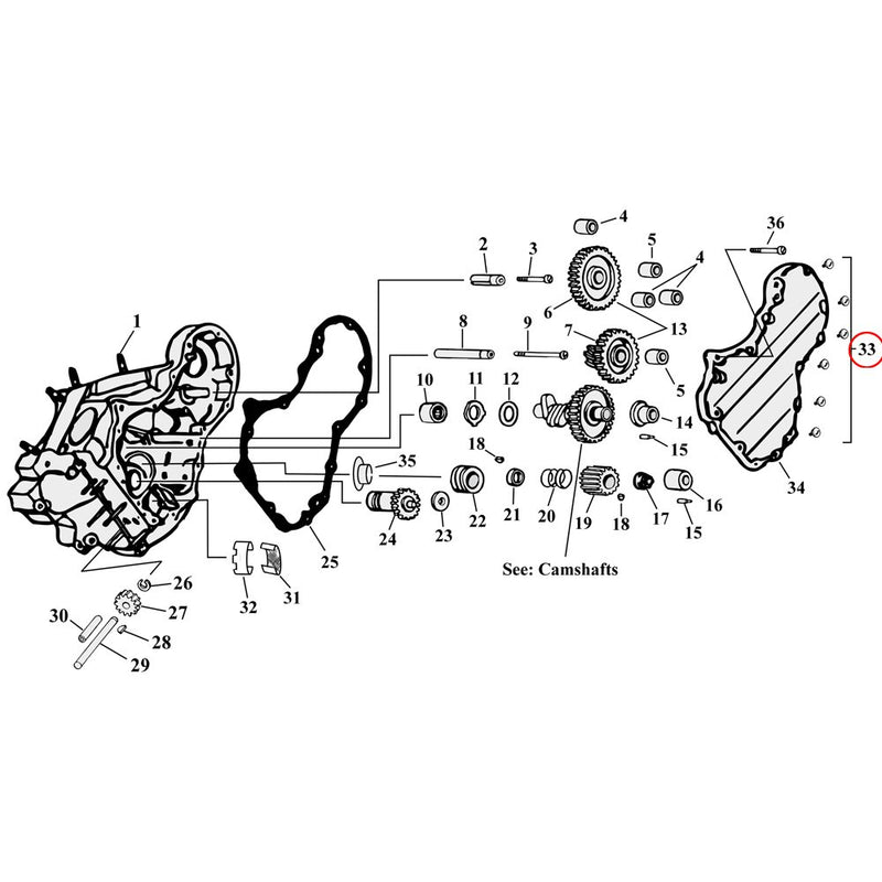 Cam Drive / Cover Parts Diagram Exploded View for Harley Knuckle / Pan / Shovel 33) 36-69 Big Twin. Cam cover mount kit. Allen.