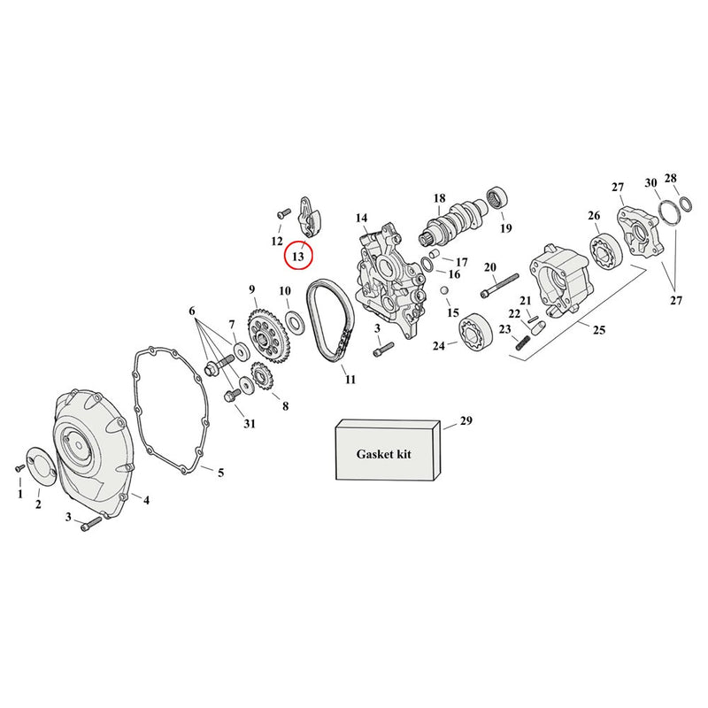 Cam Drive / Cover Parts Diagram Exploded View for Harley Milwaukee Eight 13) 17-23 M8. Chain tensioner, camshaft. Replaces OEM: 25500013