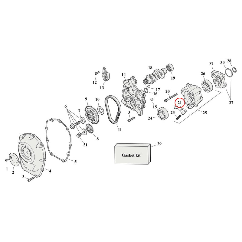 Cam Drive / Cover Parts Diagram Exploded View for Harley Milwaukee Eight 21) 17-23 M8. Roll pin. 1/8" x 3/4". Replaces OEM: 601