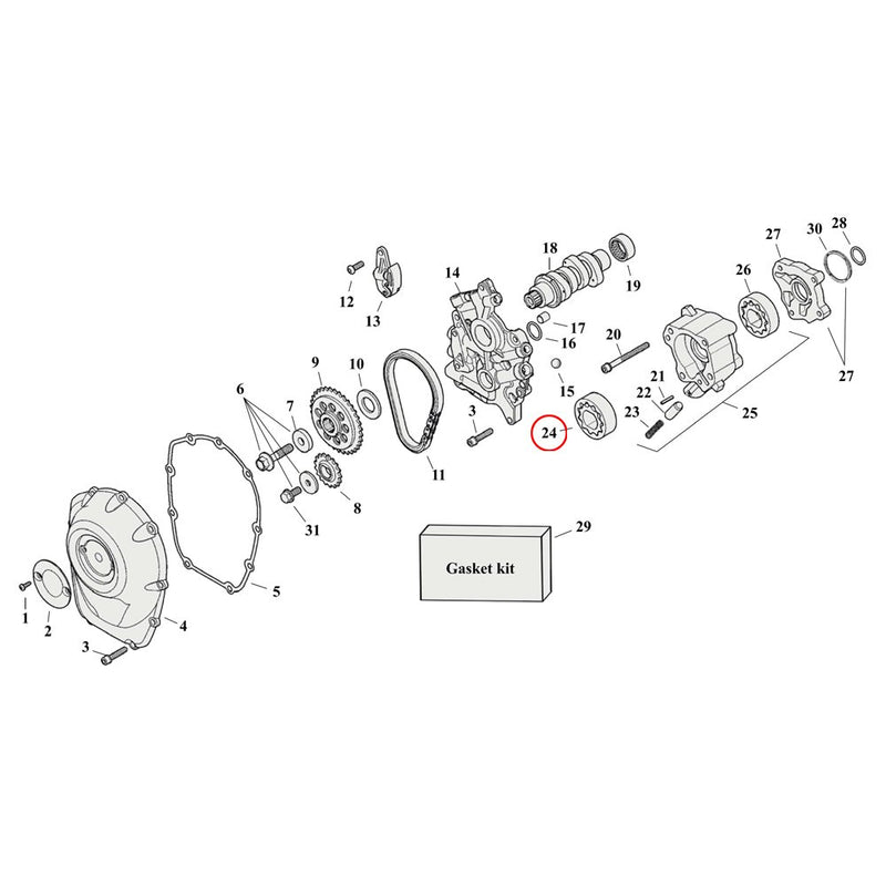 Cam Drive / Cover Parts Diagram Exploded View for Harley Milwaukee Eight 24) 17-23 Oil cooled M8. Gerotor assembly, feed. Replaces OEM: 62400126