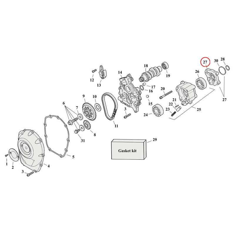 Cam Drive / Cover Parts Diagram Exploded View for Harley Milwaukee Eight 27) 17-23 M8. Cover, oil pump assembly. Replaces OEM: 62400125, 62400206, 62400245