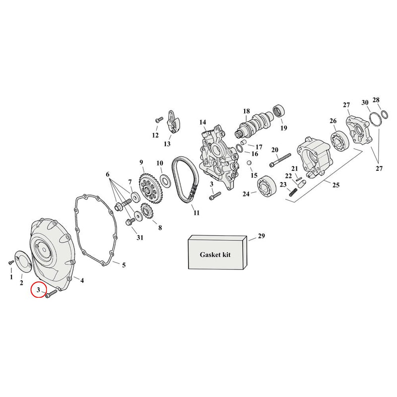 Cam Drive / Cover Parts Diagram Exploded View for Harley Milwaukee Eight 3) 17-23 M8. Bolt 1/4-20 x 1-1/4 grade 8. Replaces OEM: 4740A