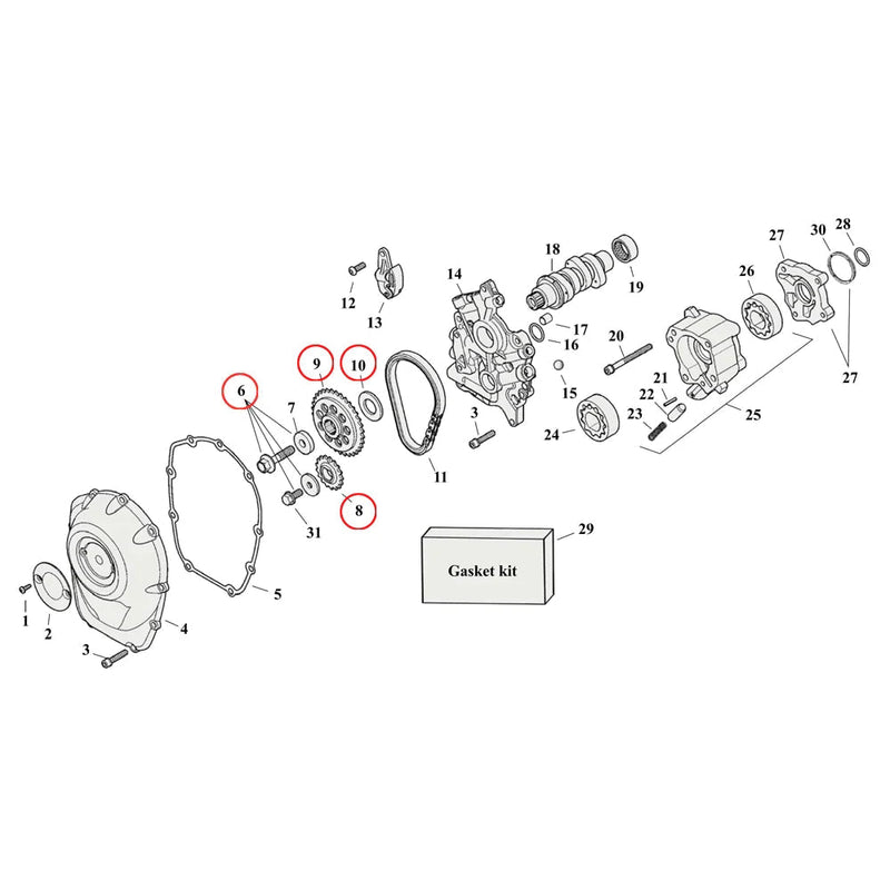 Cam Drive / Cover Parts Diagram Exploded View for Harley Milwaukee Eight 6, 8, 9, 10) 17-23 M8. Cam chain & fastener kit. Replaces OEM: 25400257