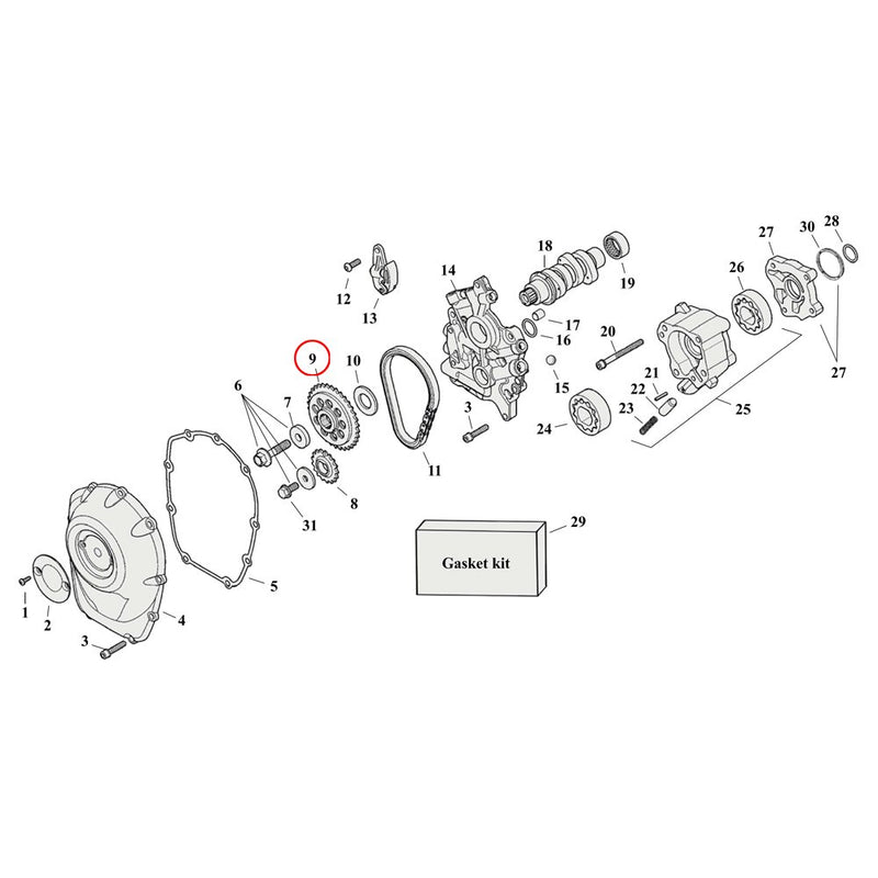 Cam Drive / Cover Parts Diagram Exploded View for Harley Milwaukee Eight 9) 17-23 M8 107/114/117". Sprocket, camshaft drive. Replaces OEM: 25400103