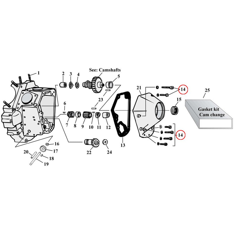 Cam Drive / Cover Parts Diagram Exploded View for Harley Shovelhead & Evolution Big Twin 14) 70-86 Big Twin. Cam cover allen screw kit. Chrome. Replaces OEM: 32603-94T