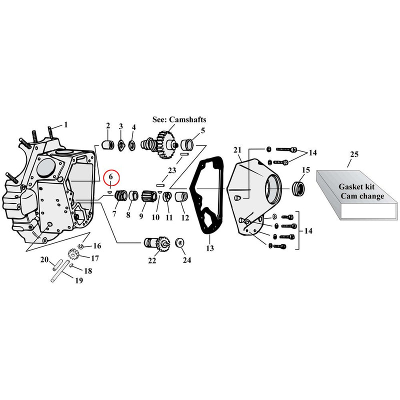 Cam Drive / Cover Parts Diagram Exploded View for Harley Shovelhead & Evolution Big Twin 6) 70-89 Big Twin. Woodruff key. Replaces OEM: 23985-54