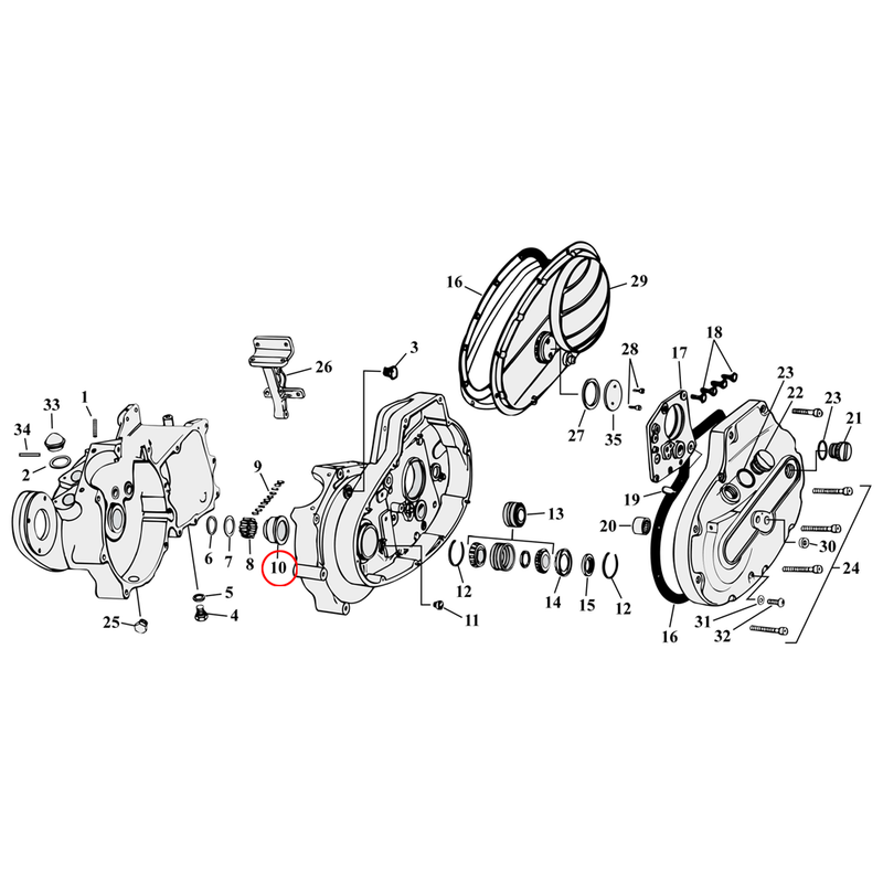 Crankcase Parts Diagram Exploded View for 54-76 Harley Sportster 10) 57-76 K, KH, XL. Standard size (1.7515") crankcase bushing, pinion shaft. Replaces OEM: 24585-57