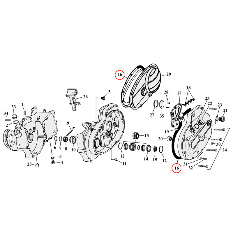 Crankcase Parts Diagram Exploded View for 54-76 Harley Sportster 16) 67-76 XLH & 70-76 XLCH. James gasket, primary cover. (.020" paper) Replaces OEM: 34955-67