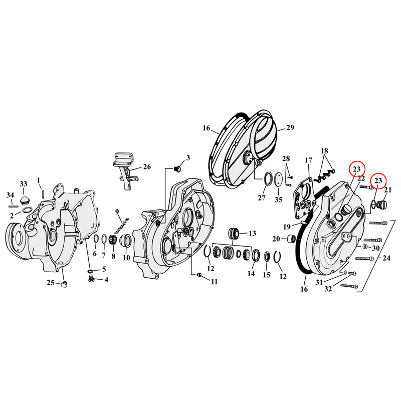 Crankcase Parts Diagram Exploded View for 54-76 Harley Sportster 23) 71-76 XL. James o-ring, filler plug. Replaces OEM: 11106