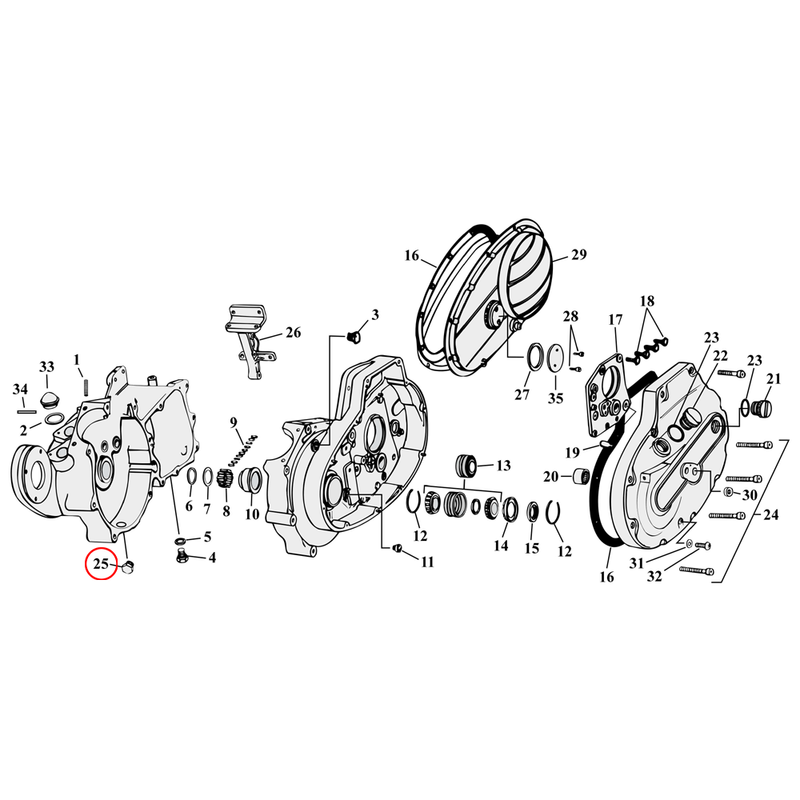 Crankcase Parts Diagram Exploded View for 54-76 Harley Sportster 25) 54-76 K, XL. Drain plug, hex style. 1/2"-13. Replaces OEM: 707