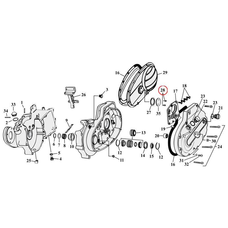 Crankcase Parts Diagram Exploded View for 54-76 Harley Sportster 28) 58-69 XLCH. Slot screw. 10/24 x 3/8". Replaces OEM: 2660