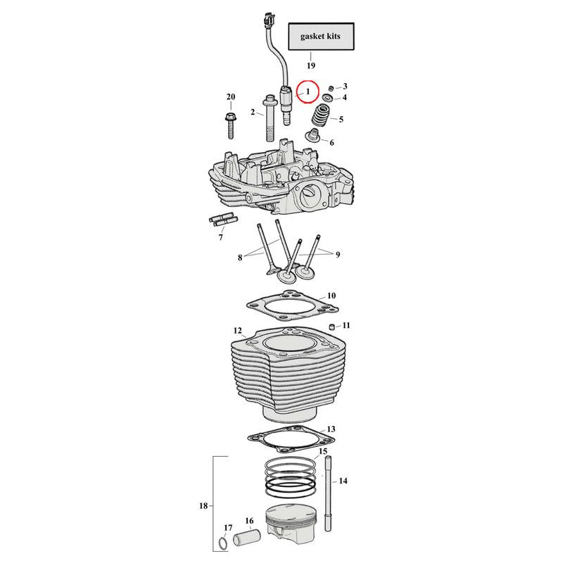 Cylinder Parts Diagram Exploded View for Harley Milwaukee Eight 1) 17-23 M8. Solenoid, compression release. Replaces OEM: 18400073B