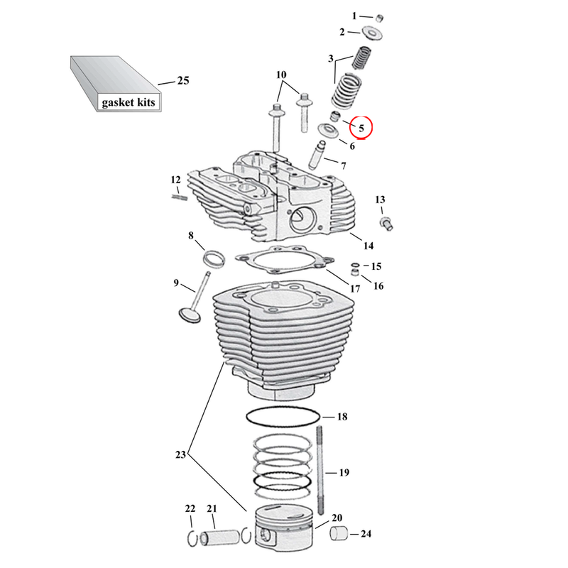 Cylinder Parts Diagram Exploded View for Harley Twin Cam 5) 99-04 TCA/B. Manley viton valve stem seal, intake / exhaust (set of 24). Replaces OEM: 18001-83A/B