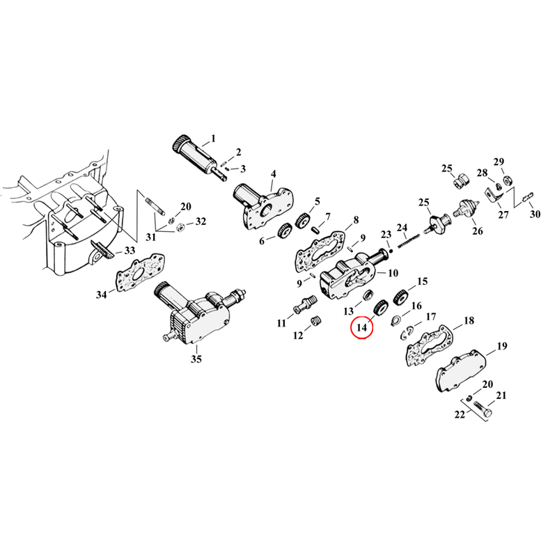 Oil Pump Parts Diagram Exploded View for 54-76 Harley Sportster 14) 72-76 XL. Driven gear, return. Replaces OEM: 26315-72A