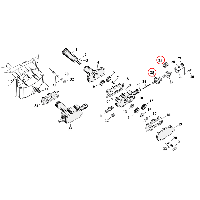 Oil Pump Parts Diagram Exploded View for 54-76 Harley Sportster 25) 57-76 XL. Fitting, oil pressure switch. Replaces OEM: 26420-57