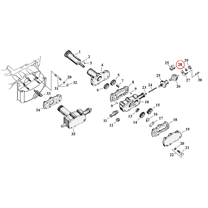 Oil Pump Parts Diagram Exploded View for 54-76 Harley Sportster 28) 54-85 KH, XL. Washer,