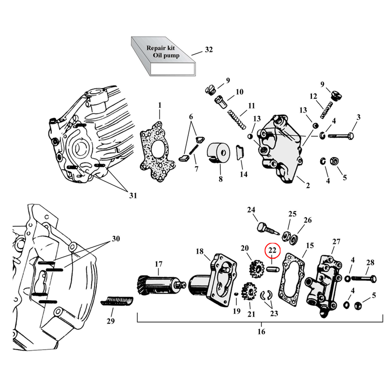 Oil Pump Parts Diagram Exploded View for Harley 45" Flathead 22) 37-73 45" SV. Shaft, idler gear. Replaces OEM: 26329-37 & 697-37