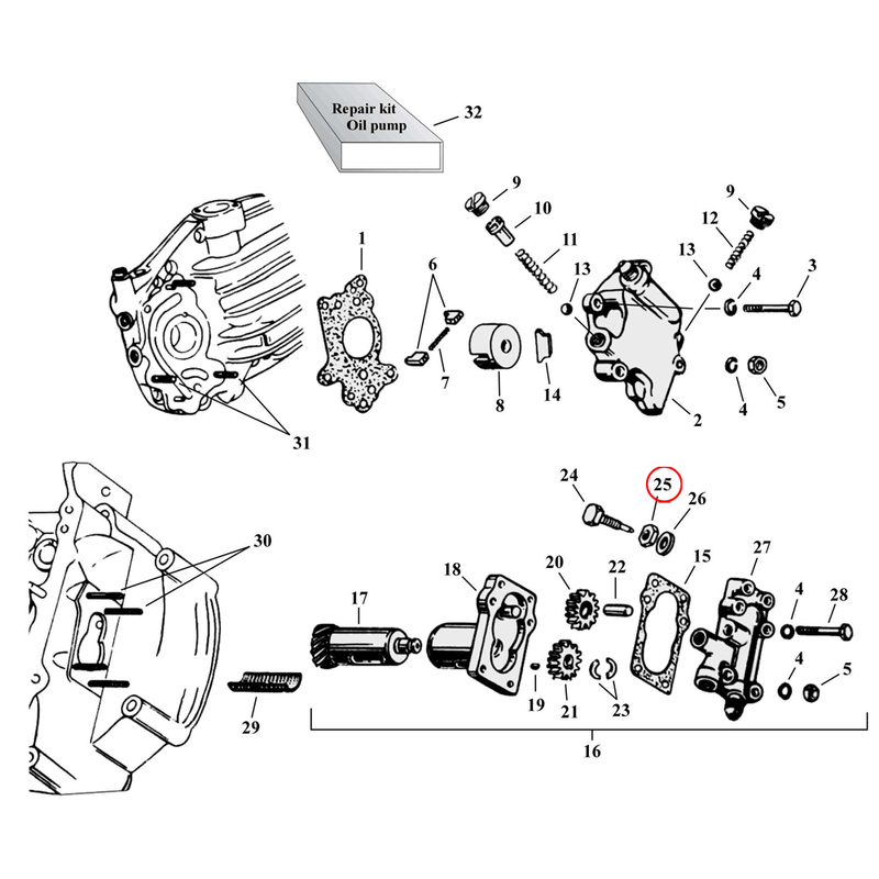 Oil Pump Parts Diagram Exploded View for Harley 45" Flathead 25) 32-69 45" SV. Nut, 10/32 (set of 25). Replaces OEM: 7630 & 7638