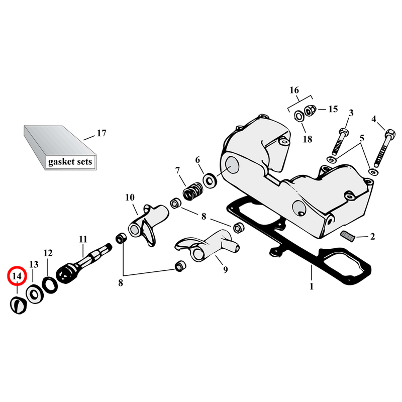 Rocker Box Parts Diagram Exploded View for 57-85 Harley Sportster 14) L71-85 XL. Rocker shaft plug kit, right side. Hex style, chrome. Replaces OEM: 17448-71A