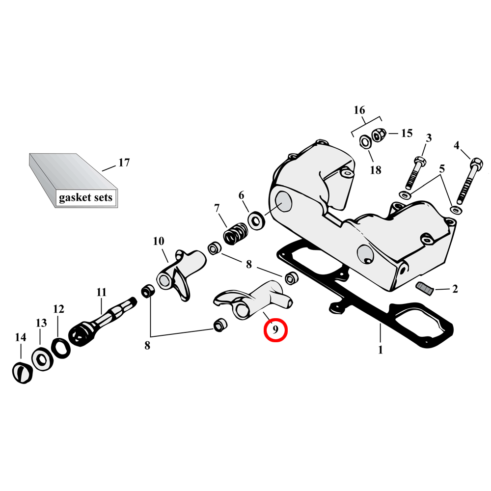 Rocker Box Parts Diagram Eksploderet visning for 57-85 Harley Sportste