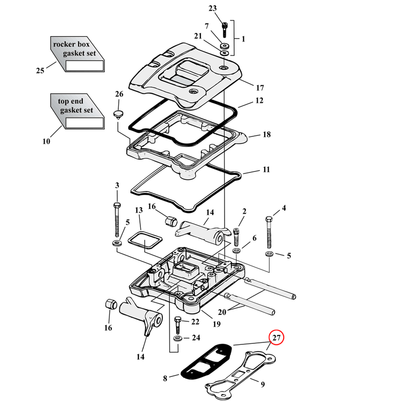 Rocker Box Parts Diagram Exploded View for Harley Evolution Big Twin 27) 84-99 Big Twin. James one-piece rocker box gasket (set of 2). Replaces OEM: 16800-84