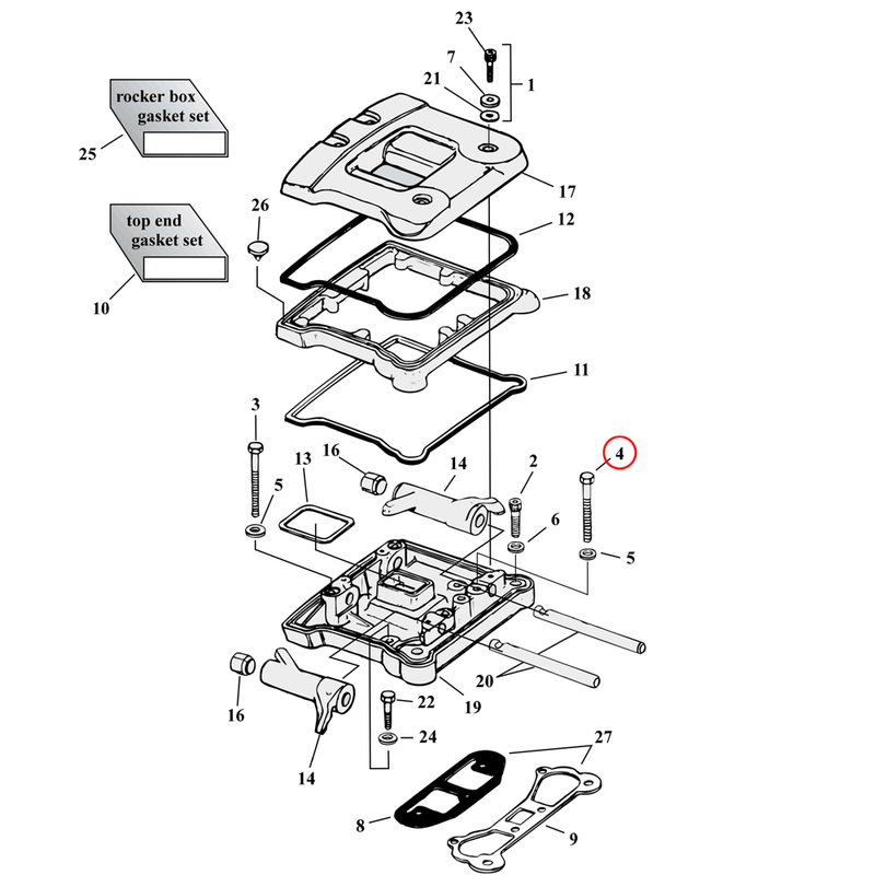 Rocker Box Parts Diagram Exploded View for Harley Evolution Big Twin 4) 84-99 Big Twin. Hex bolt (set of 5). 5/16-18 x 2 1/2". Replaces OEM: 3501