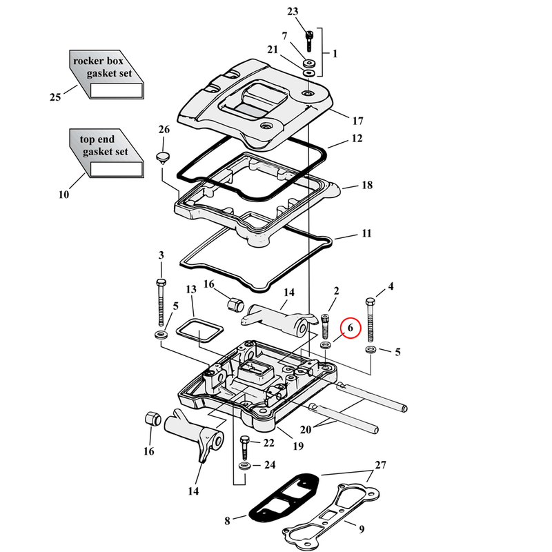 Rocker Box Parts Diagram Exploded View for Harley Evolution Big Twin 6) 84-90 Big Twin. Washer (set of 5). Replaces OEM: 6099