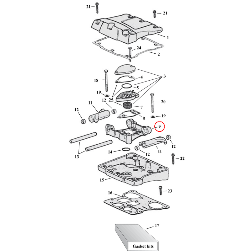 Rocker Box Parts Diagram Exploded View for Harley Twin Cam 9) 99-17 TCA/B. Support plate, rocker arm.